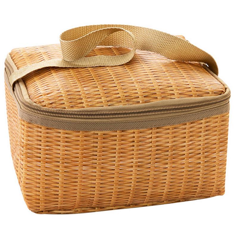 Portable Insulated Thermal Cooler Lunch Box Imitation Rattan Picnic Container