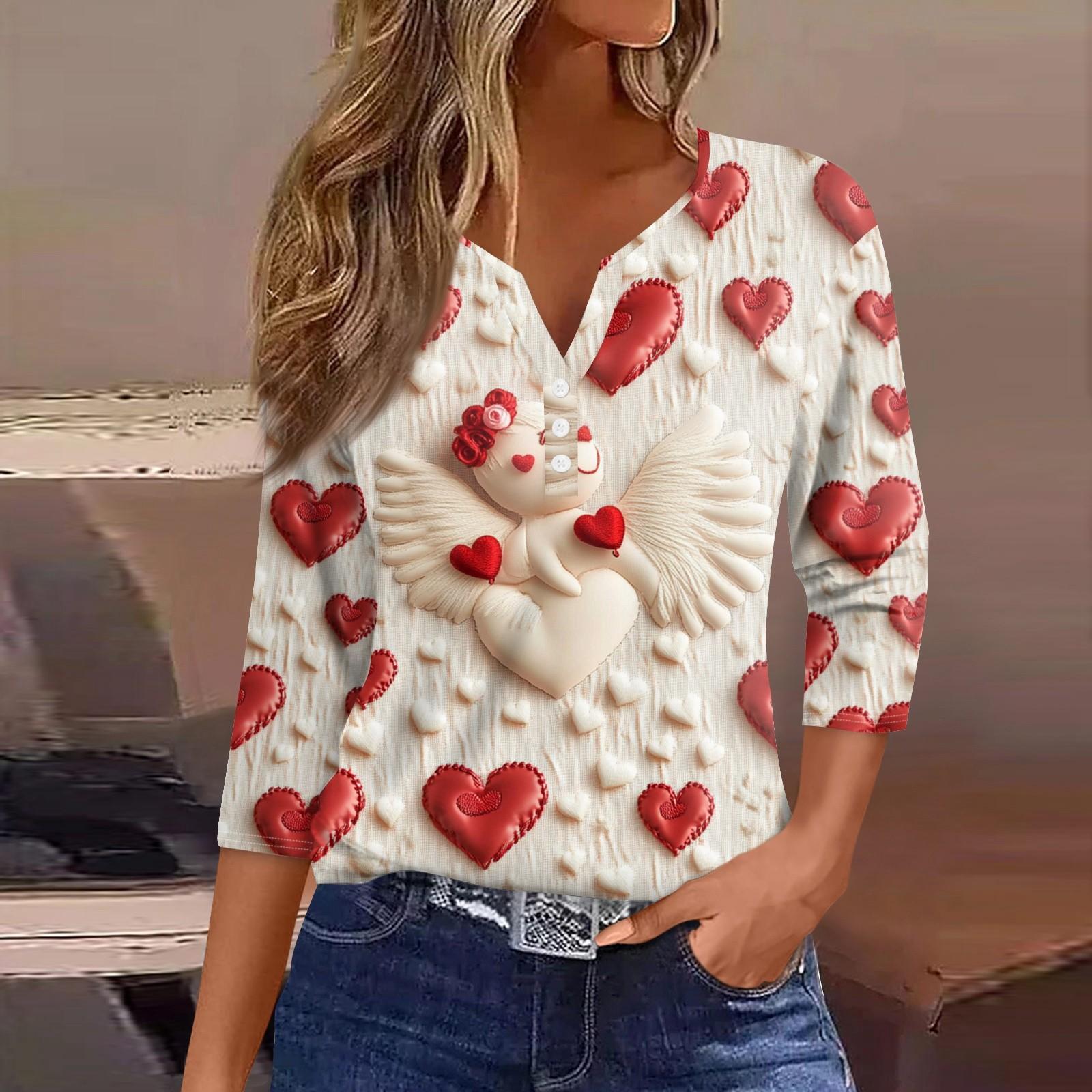 

Женская футболка с принтом ко Дню святого Валентина, на пуговицах, рукав 3/4, туника, повседневная мода на выходные, базовый топ с V-образным вырезом L бежевый