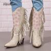 Women's Mid-Calf Embroidered Boot High Heel Western Style Autumn Spring New Large Tassel Stitched Rubber Outsole Botas Feminino