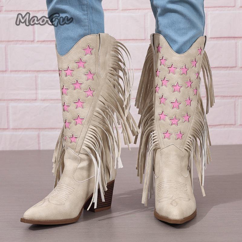 Women's Mid-Calf Embroidered Boot High Heel Western Style Autumn Spring New Large Tassel Stitched Rubber Outsole Botas Feminino