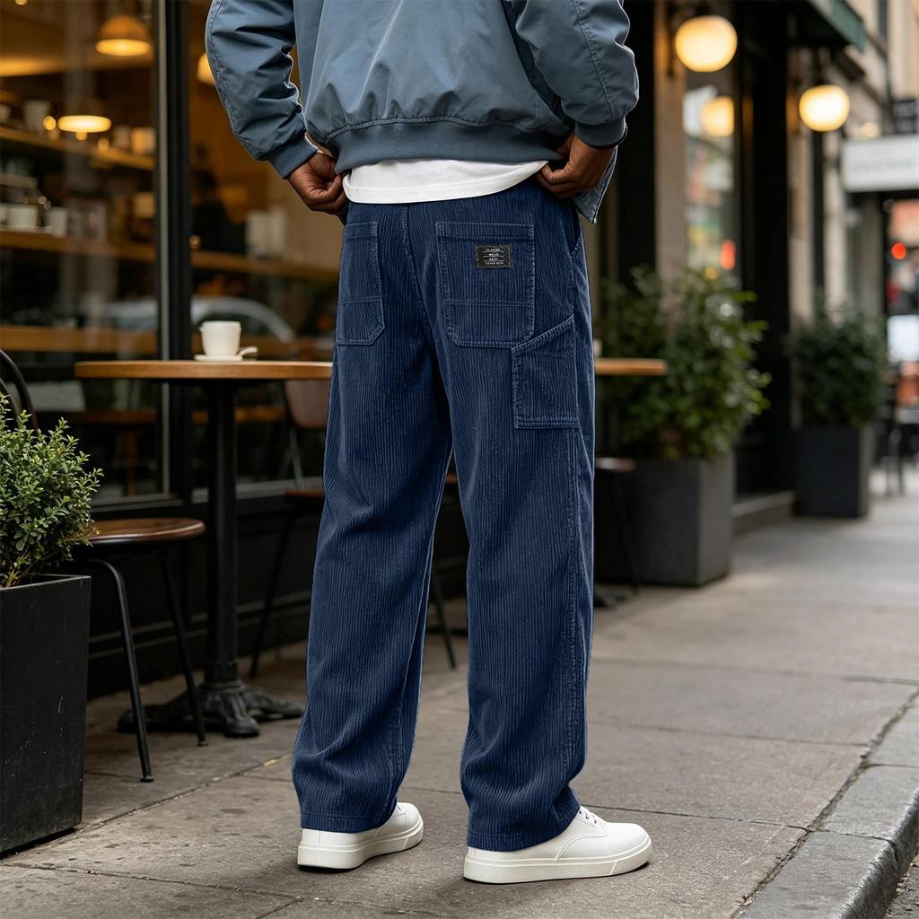 Men's Corduroy Multi-Pocket Cargo Pants Loose Fit Vintage Casual Straight Leg for Everyday Wear