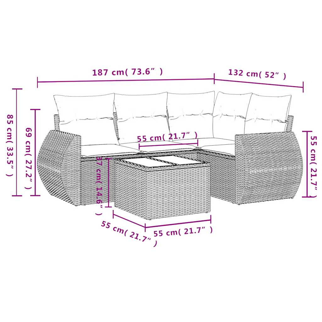 5 Piece Garden Sofa Set with Cushions Light Grey Poly Rattan