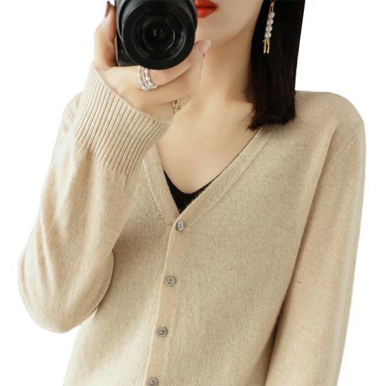 Spring Summer Knitting Cardigan V-Neck Long Sleeve Ribbed Cuffs Sweater Solid Color Single Breasted Stretchy Knitwear