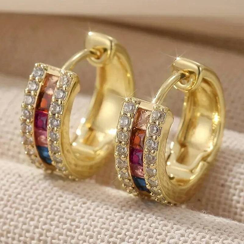 

Huitan Aesthetic Women Hoop Earrings Inlaid Multiple Colors Shiny CZ Fashion Wedding Gold Color Accessories Zircon for Party