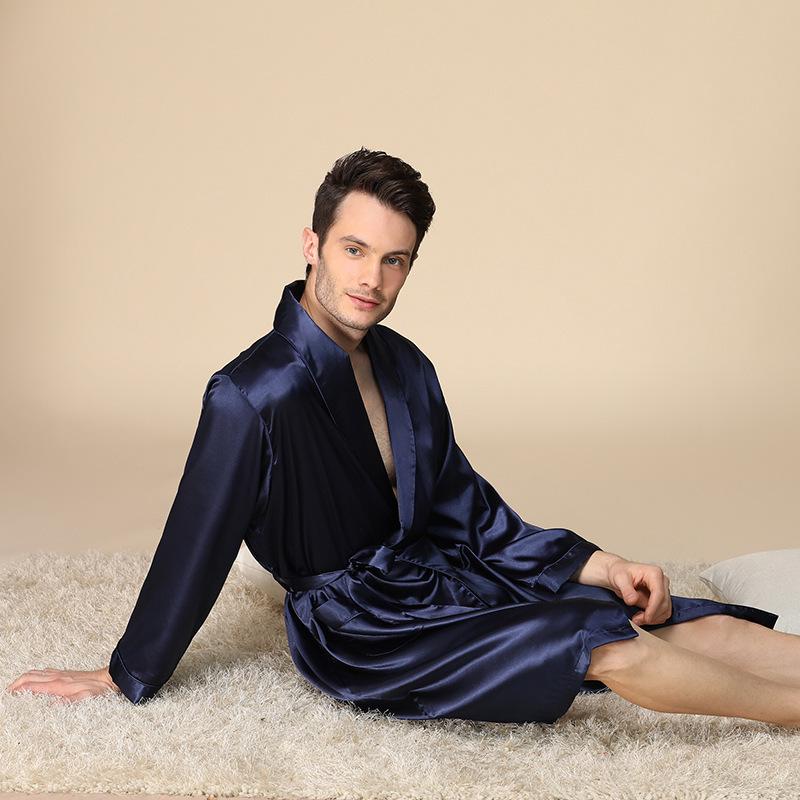 Men's Summer Long Sleeve Silk-Style Pajamas Robe