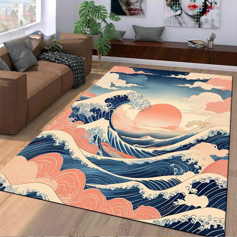 Japanese Wave and Red Sun carpet Non-slip rug suitable for living room and bedroom sofas