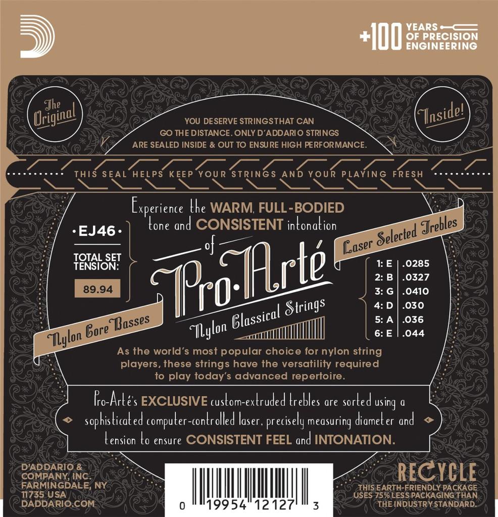 ProArte Classical Guitar D'Addario Strings, Silver/Clear Hard, EJ46, 10-Pack