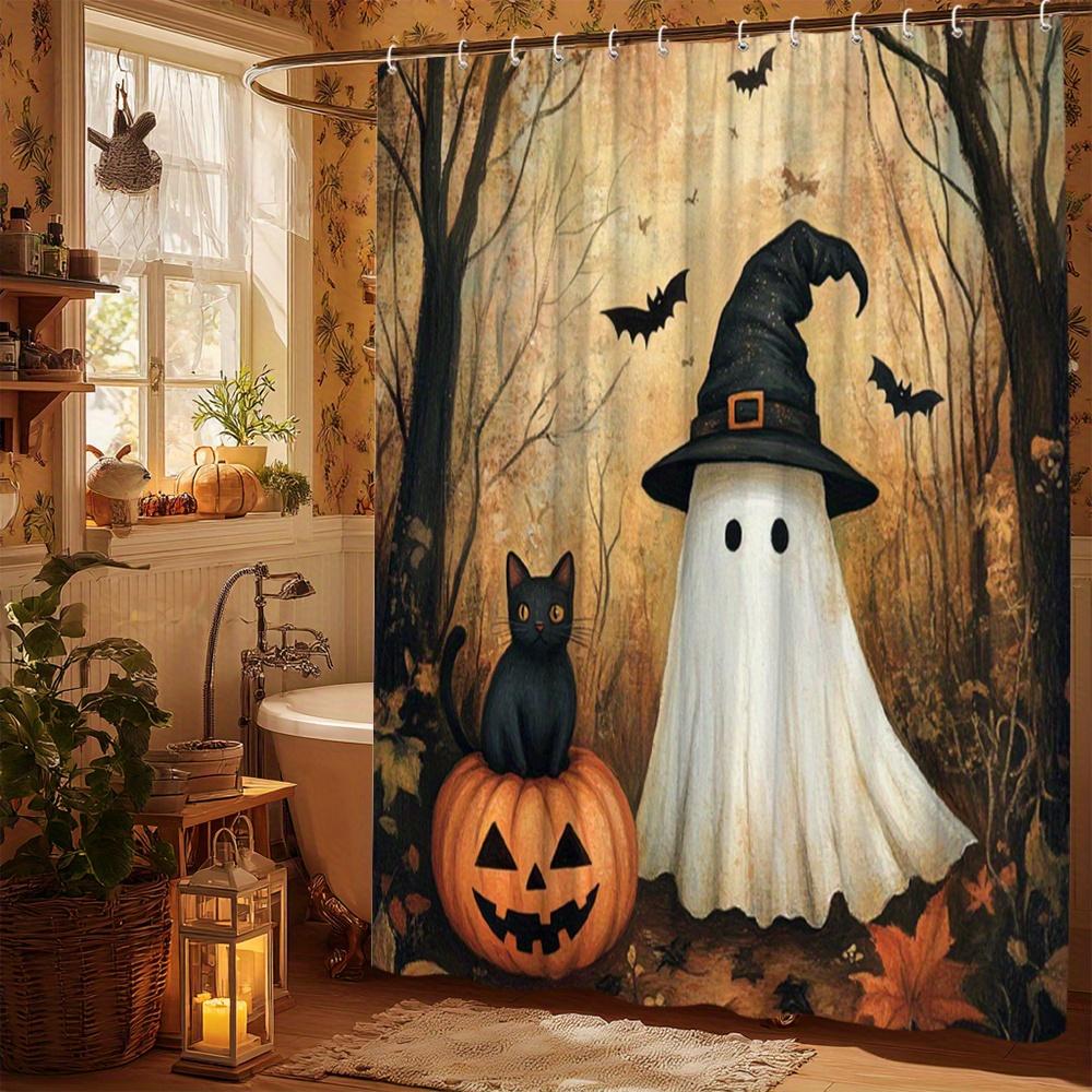 1pc 2D Flat Spooky Shower Curtain for Halloween Bath Decor with Ghosts Cat Pumpkin Shower Hanging Curtain Spooky Window Curtain