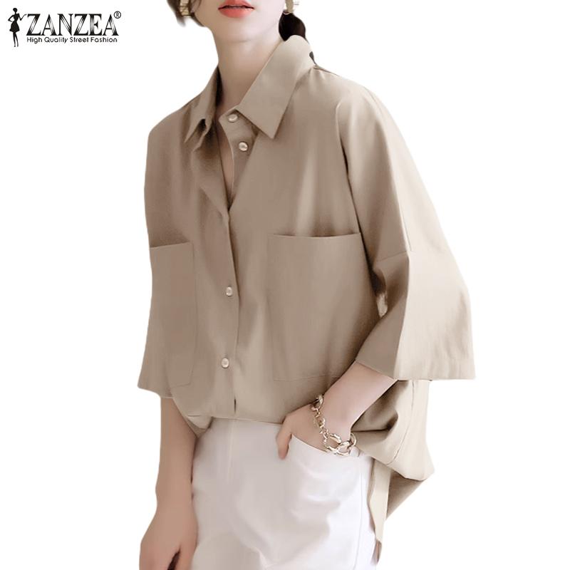 

ZANZEA Женская повседневная однотонная блузка с отложным воротником и рукавами 3/4 4XL чёрный