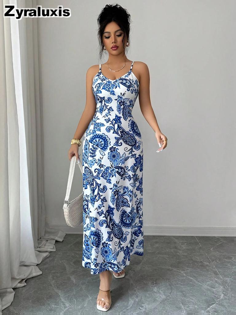 French Vintage Blue and White Porcelain Style Strapless Dress for Women Summer Slim Fit Long Beach Cover-Up Maxi Skirt