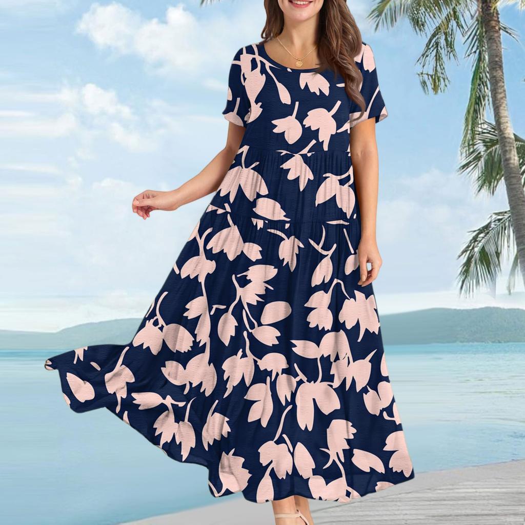 Damen Lässiges Lockeres Böhmisches Kleid mit Blumenmuster und Kurzen Ärmeln