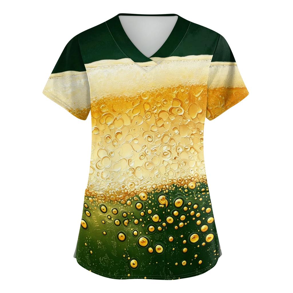 Womens V Neck Short Sleeve Work Shirt With Pockets Oktoberfest Beer Print Top Medical Scrub Style Uniform