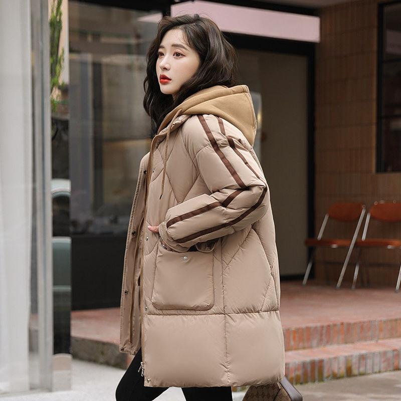 Χαλαρό Ζεστό Χειμωνιάτικο Πουπουλένιο Βαμβακερό Παλτό Γυναικείο Μακρύ Μπουφάν με Γέμιση Ψεύτικο Δύο Κομματιών Χοντρό Χειμωνιάτικο Παλτό