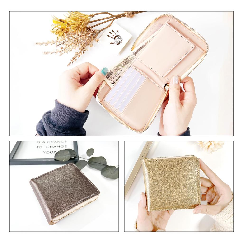 Chrome-tanned Italian cowhide leather wallet, round bifold wallet with zipper closure, compact design, glitter gray finish.