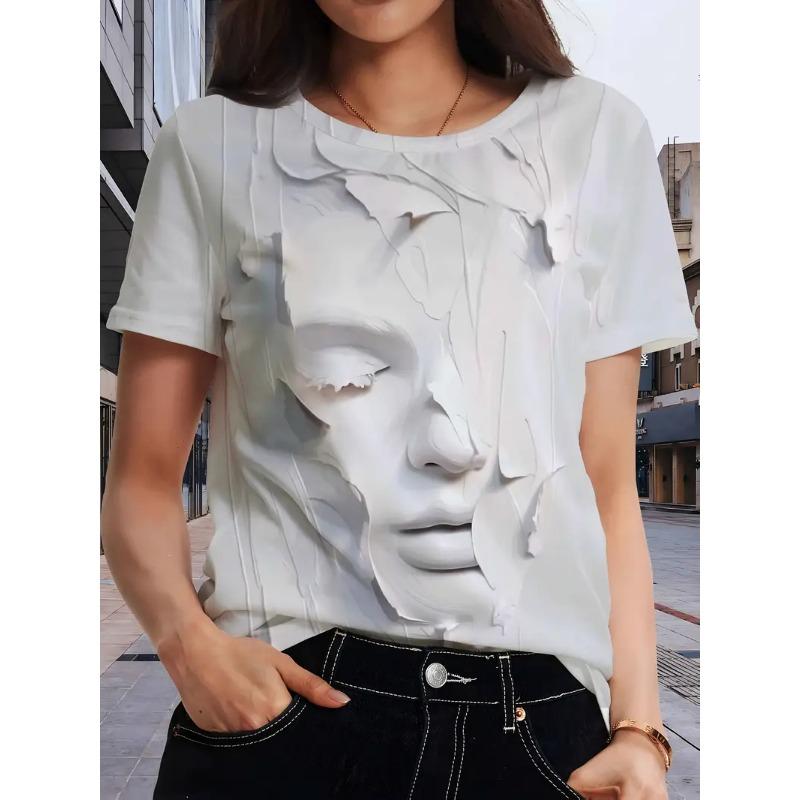 Dam T-shirt 3D 3D Ansiktstryck Mode Dam Kortärmad Rund Hals Casual Bekväm Topp