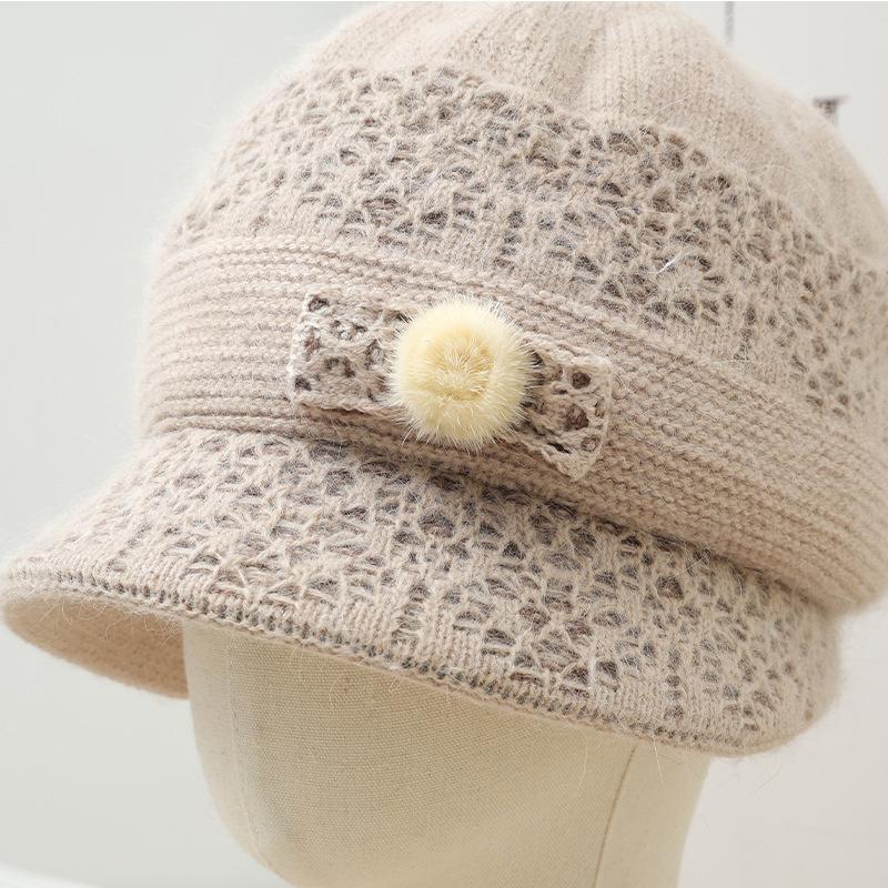 Hat for Women Outdoor Casual Scarf Windproof and Warm Set Autumn and Winter Versatile Plush Bow Rabbit Hair Pot Hat