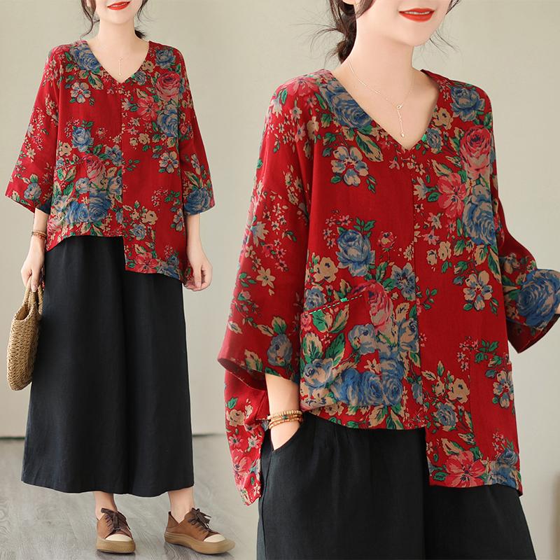DIMANAF 2025 Summer Plus Size T-Shirt Asymmetrical Women V-Neck Loose Floral Basic Tops Tees Maxi