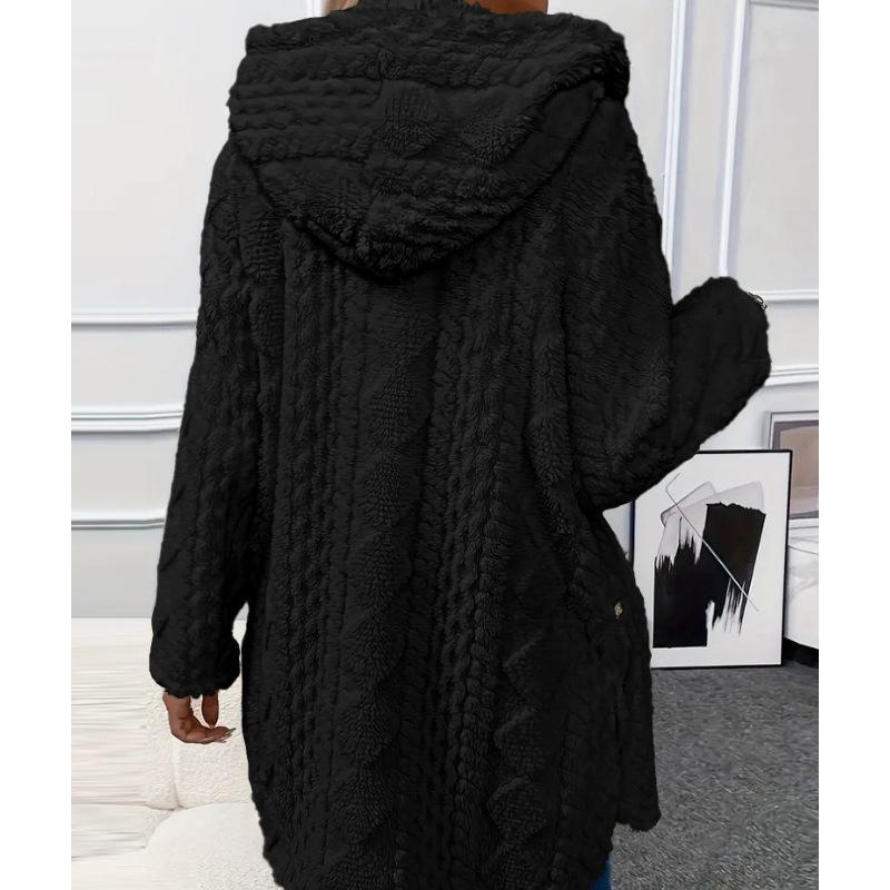 Thickened Plush Button Hooded Women's Cardigan Solid Color Long Sleeved Warm Sweaters Fashion Single-breasted Woman Clothing