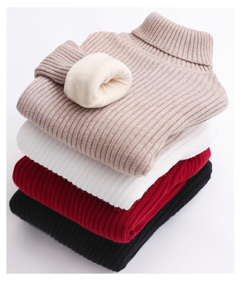 Children's Slim Fit Knit Sweater with High Neck and Velvet Lining for Autumn and Winter.