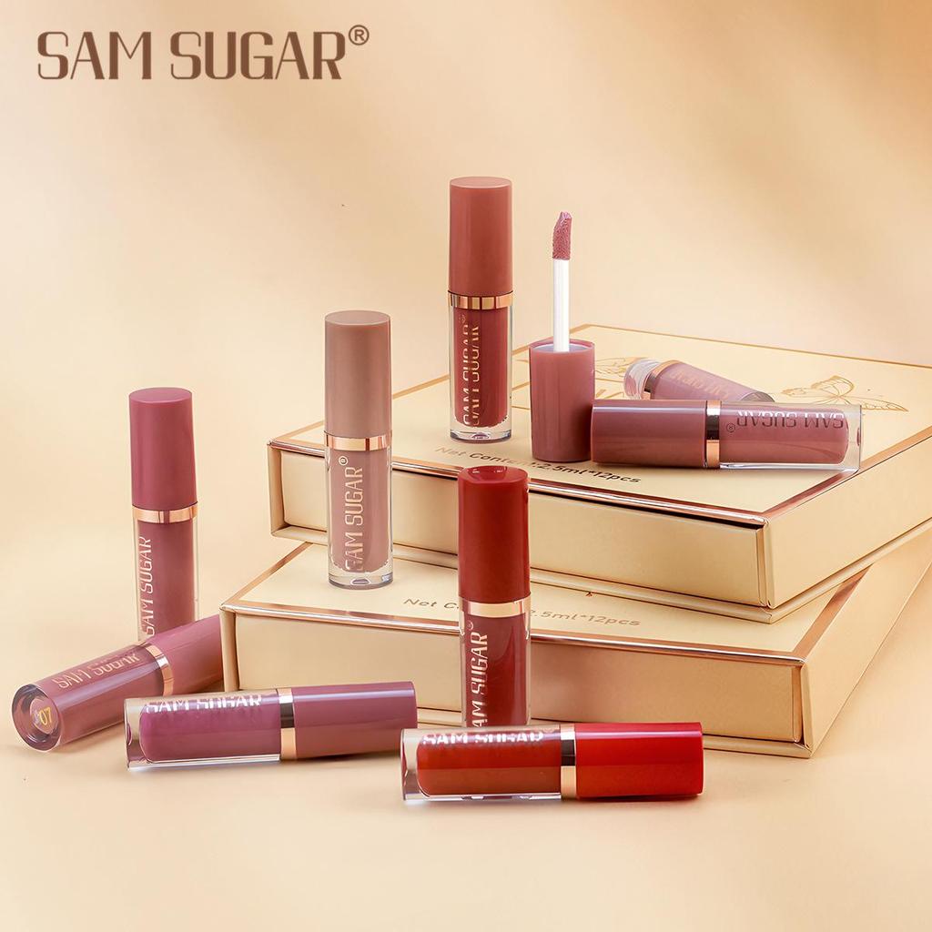 SAM SUGAR 12pcs/set Muticolor Book Lip Gloss Set Matte Velvet Non-stick Cup Longlasting Waterproof Easy Color Lip Gloss Lipstick