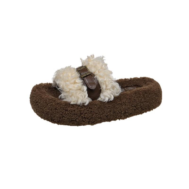 Retro Thick-soled Fluffy Slippers for Women To Wear 2025 Autumn and Winter New Korean Version Comfortable Slippers One-word Cotton Towing Women's Shoe