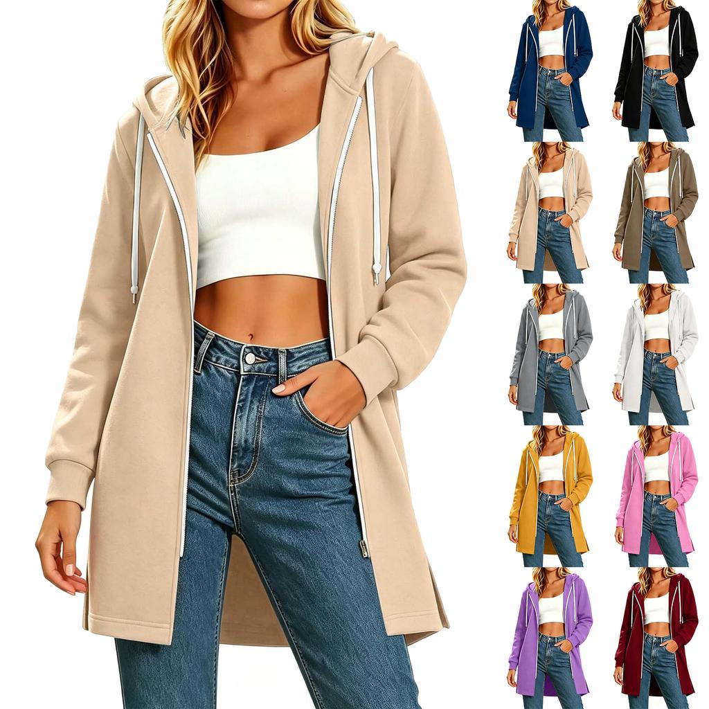 Cardigan da donna casual alla moda con cappuccio, chiusura lampo, manica lunga, vestibilità ampia con spacchi laterali
