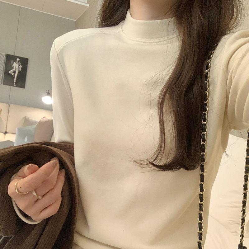 High-end mid-neck bottoming shirt women's spring polished warm inner top semi-turtleneck fishbone long-sleeved shirt