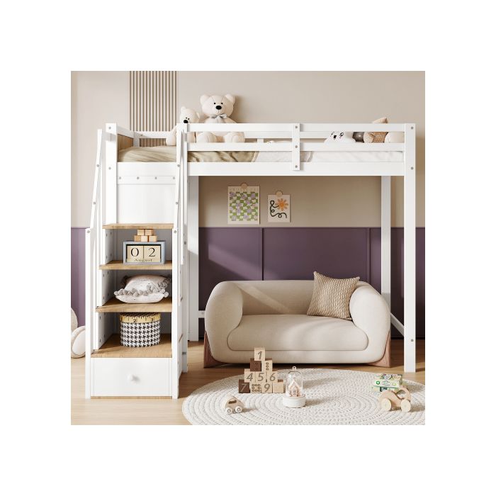 Lit superposé, lit d'enfant avec barrières anti-basculement couleur choc, bureau avec 3 tiroirs, 4 étagères, étagères ouvertes