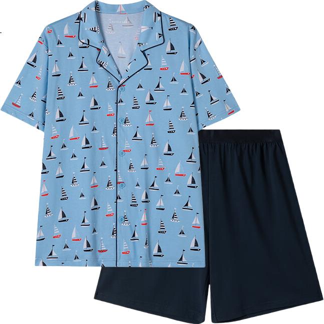 Schiesser Men's Pure Cotton Lapel Printed Short Sleeve Shorts Pajama Set, Light Blue, L