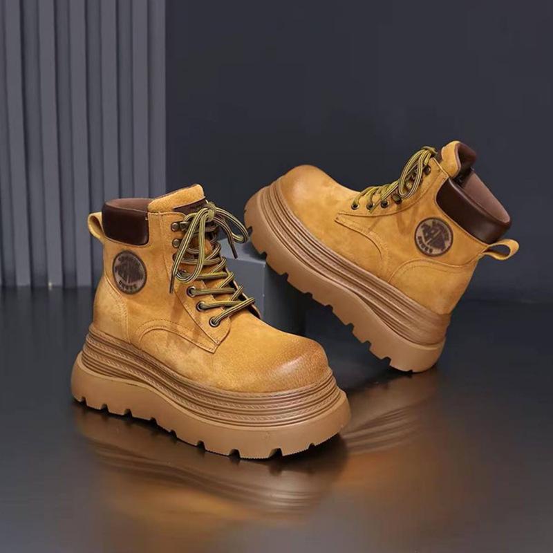 Hanyu leather thick-soled Martin boots women's new autumn and winter retro British style big yellow boots short boots versatile lace-up boots