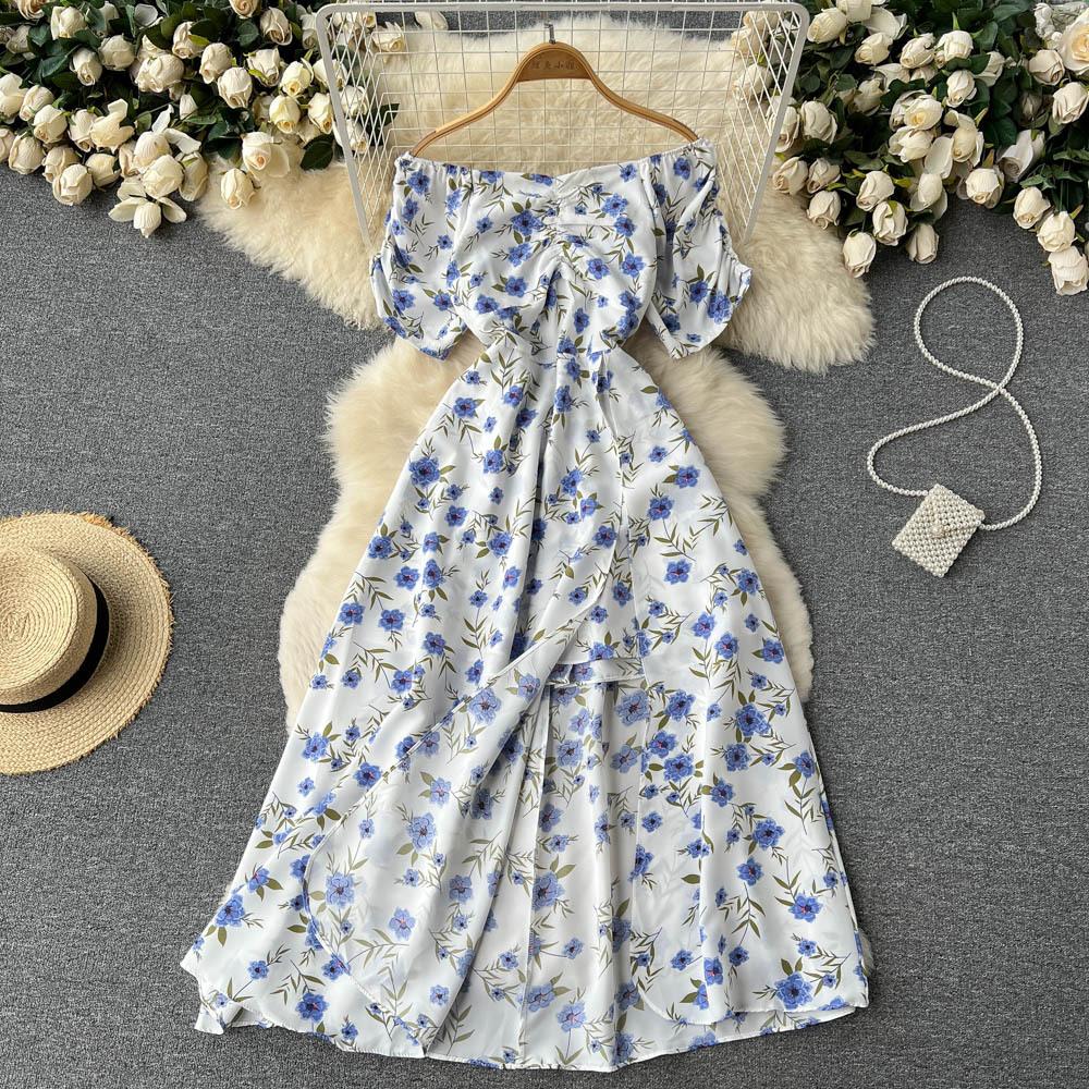 Floral Print Maxi Dress Summer Women Off Shoulders Short Sleeve Party Club Robe Femme Long Dresses Holiday