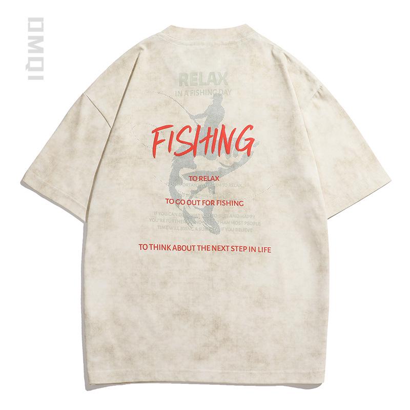 

Мужская футболка в стиле ретро с коротким рукавом, плотностью 230 г, винтажная, стираная - американский стиль, модная и свободная посадка для лета 4XL 200-220 lbs абрикосовый