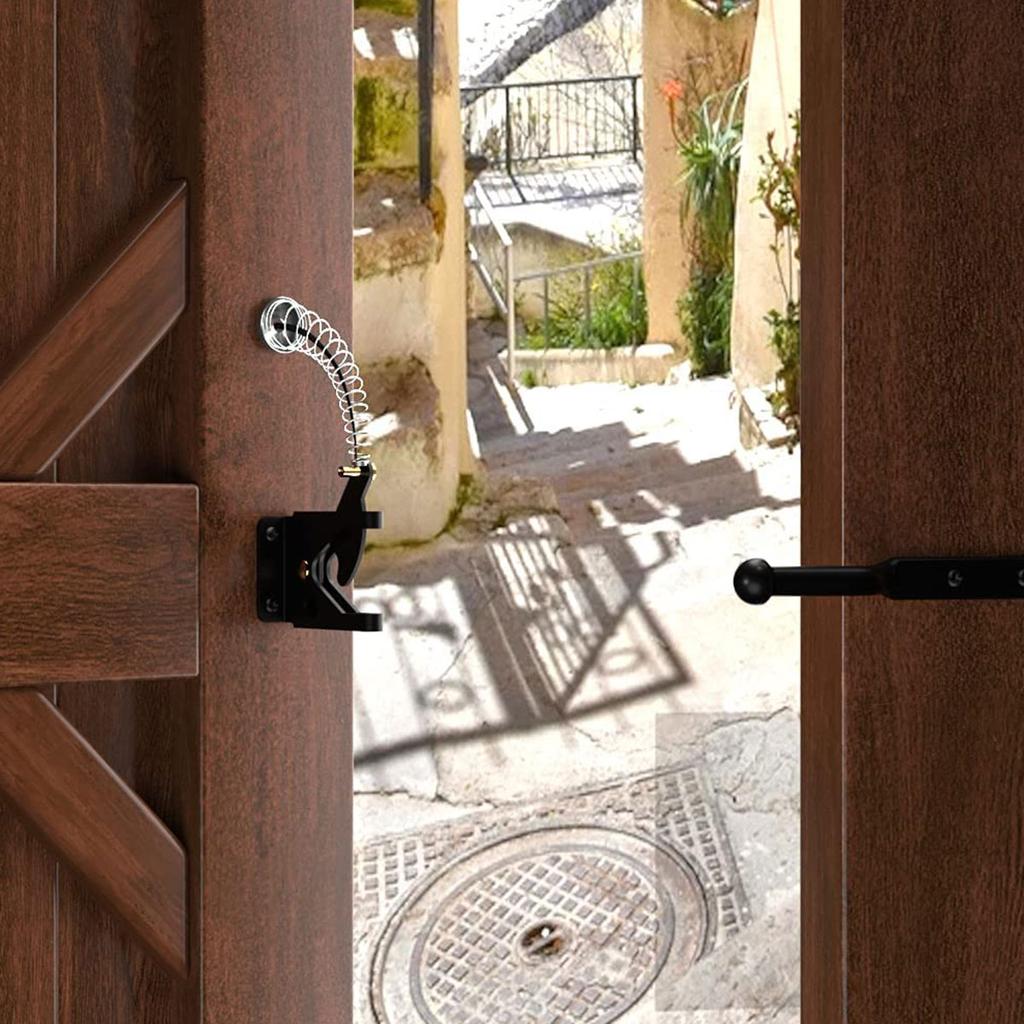 1/2Pcs Self-Locking Gate Latch Carbon Steel Automatic Gravity Lever Fence Gate Latch with Spring Cable Pull for Wood Fence Gate
