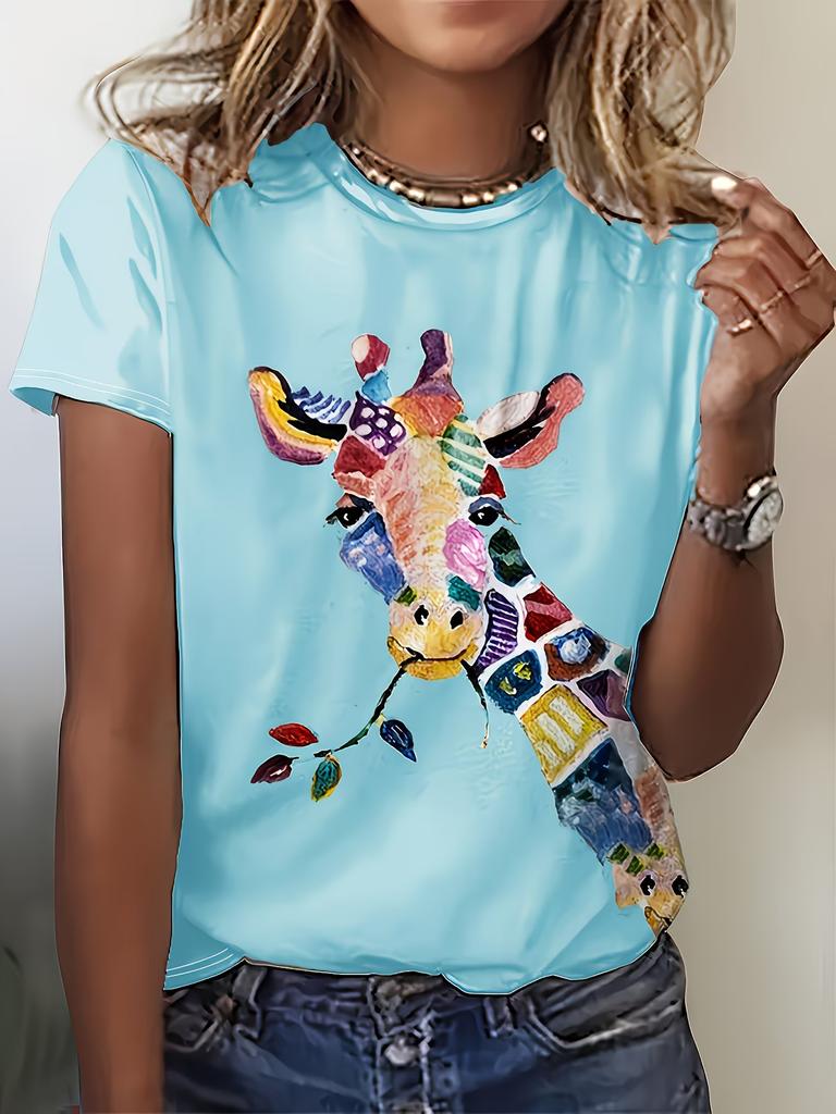 Rundhals Kurzarm Aquarell Giraffe Blumendruck T-Shirt Damen Outfits Lässig Tägliche Kleidung Sommer Damenkleidung