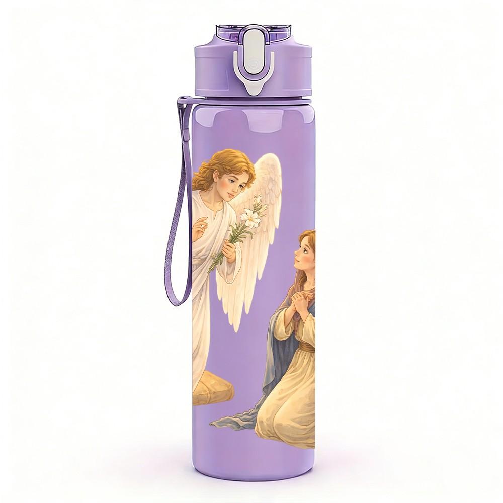 1PC Two Angels Praying Religious Print 750ml Color Plastic Sports Water Bottle Leakproof Flip Straw Lid Suitable for Sports Office Home Use