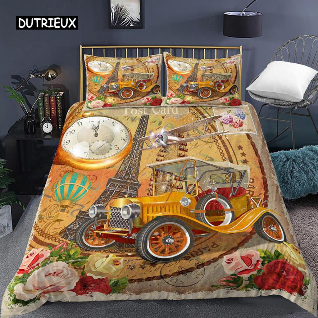 Eiffel Tower Duvet Cover Set Microfiber Paris France Comforter Cover Love Letters French Theme Retro Bedding Set Romantic Gifts