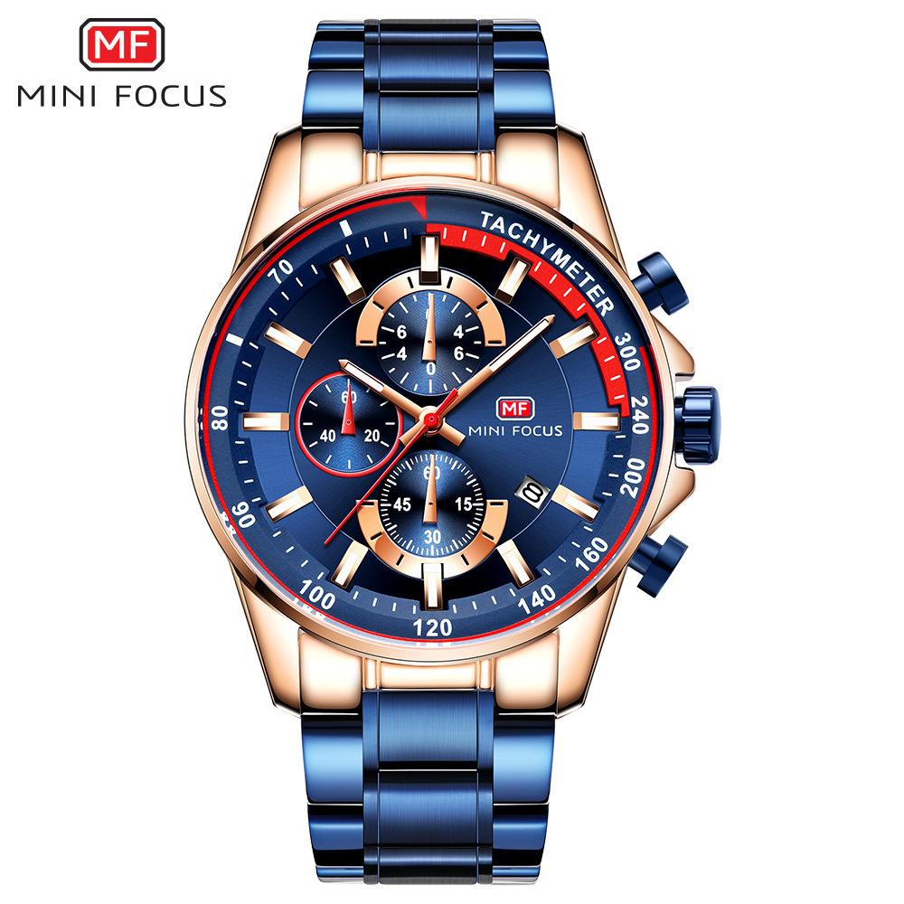 Mini Focus Fashion Steel Belt Speed Measurement Men S Watch Three-Eye Chronograph Calendar Luminous Waterproof Quartz Watch 0218G