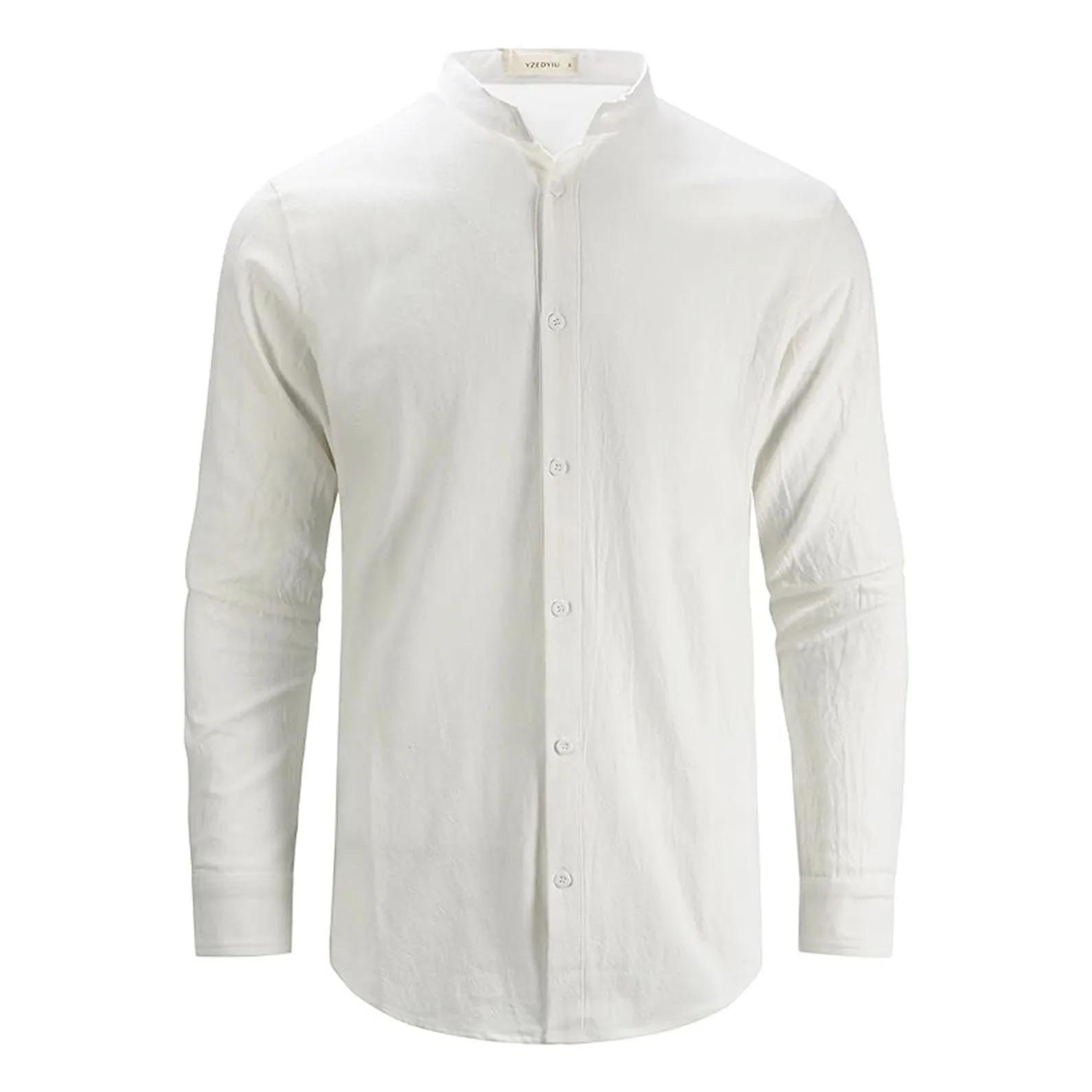 

Мужская рубашка из хлопка и льна с воротником-хенли, с длинным рукавом, повседневная, легкая, дышащая, однотонная, пляжная рубашка на пуговицах, мужские топы XXXL белый