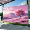 2D Artistic Pink Meadow & Tree Tapestry for Content Creation & Home Decor