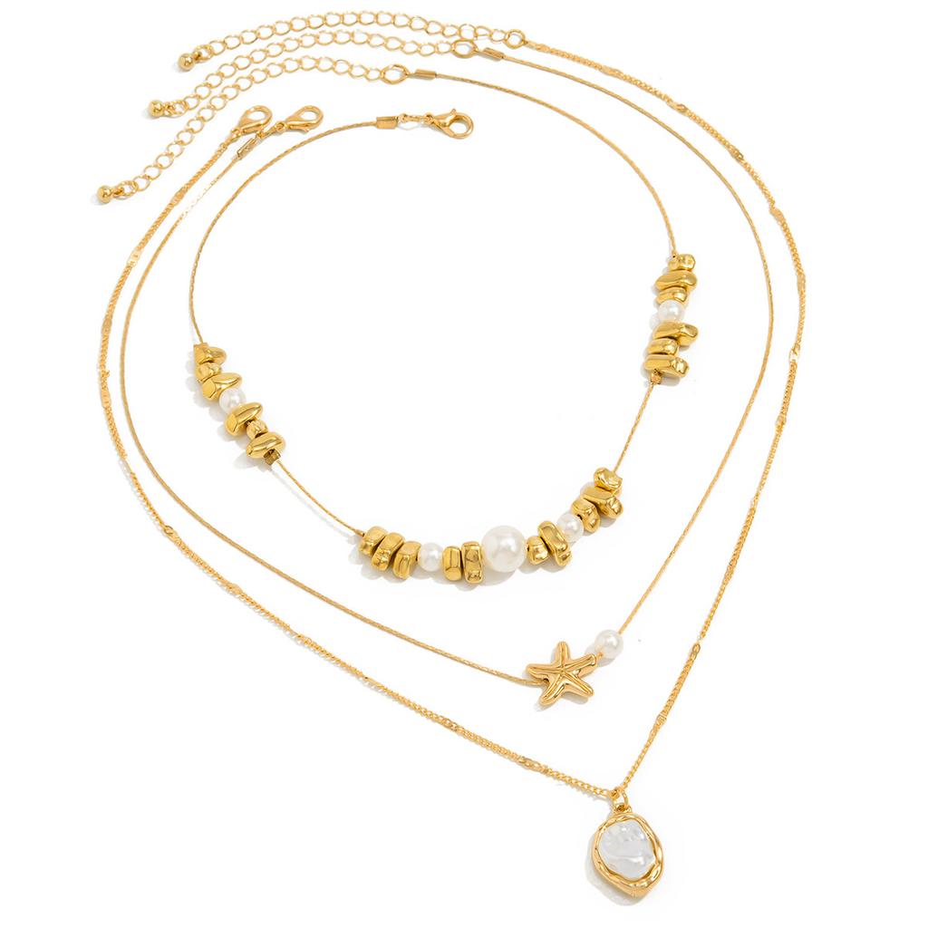 Baroque Special-Shaped Imitation Pearl Beaded Necklace, Creative Metal Thin Chain Starfish Collarbone Chain