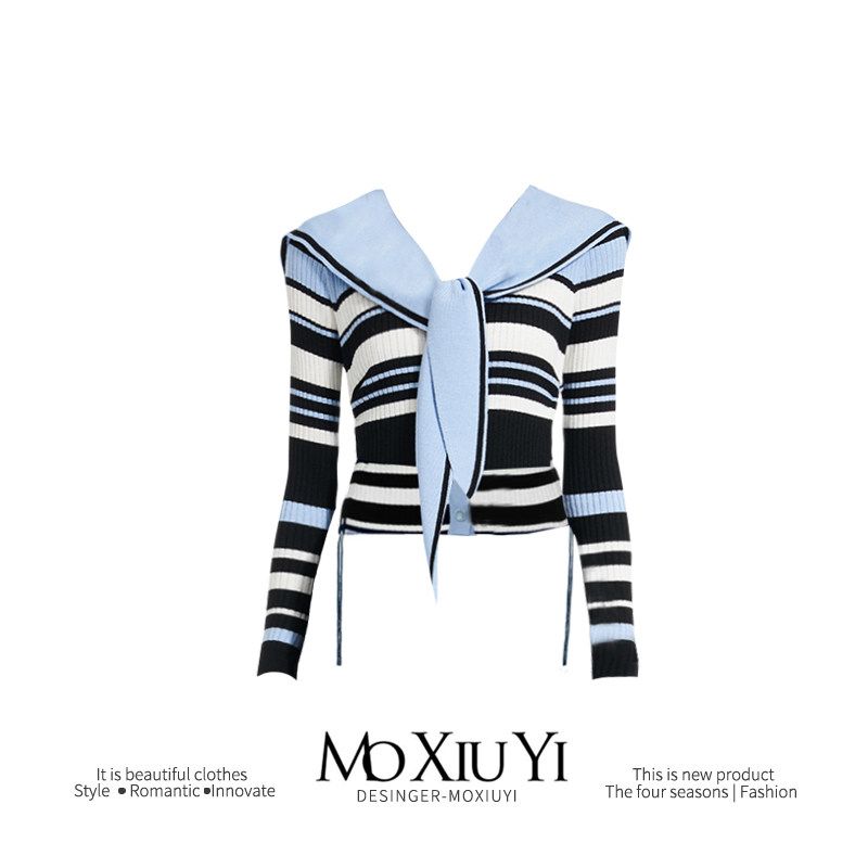 

Moxiuyi Stu [In Stock] Liu Haocun Same Design Preppy Style Silm Women s Stripes Knitting Pullover Black and white stripes S