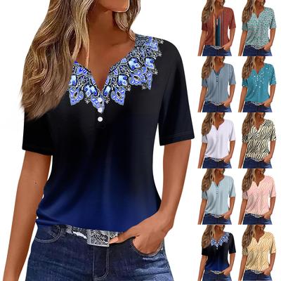 Kadın's Tişört Tişört Desen Düğme Kısa Kollu Günlük Hafta sonu Moda Temel V Yaka Normal Üst