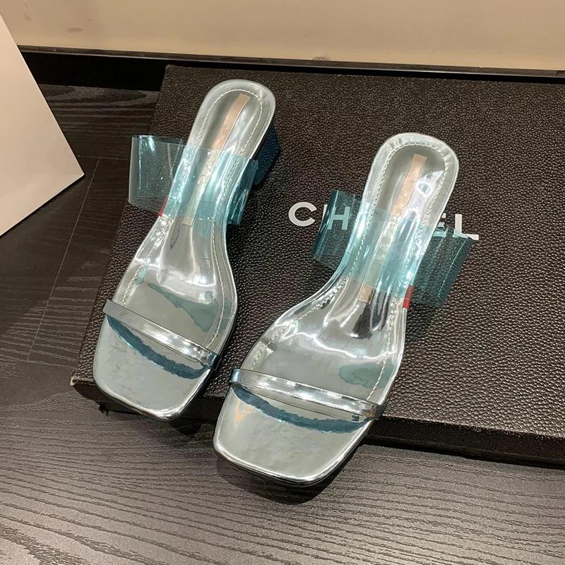 Sexy Women Slippers Slides Square High Heels Shoes Woman Mules Peep Toe Bling Shine Crystal Platform Slippers Zapatillas Mujer