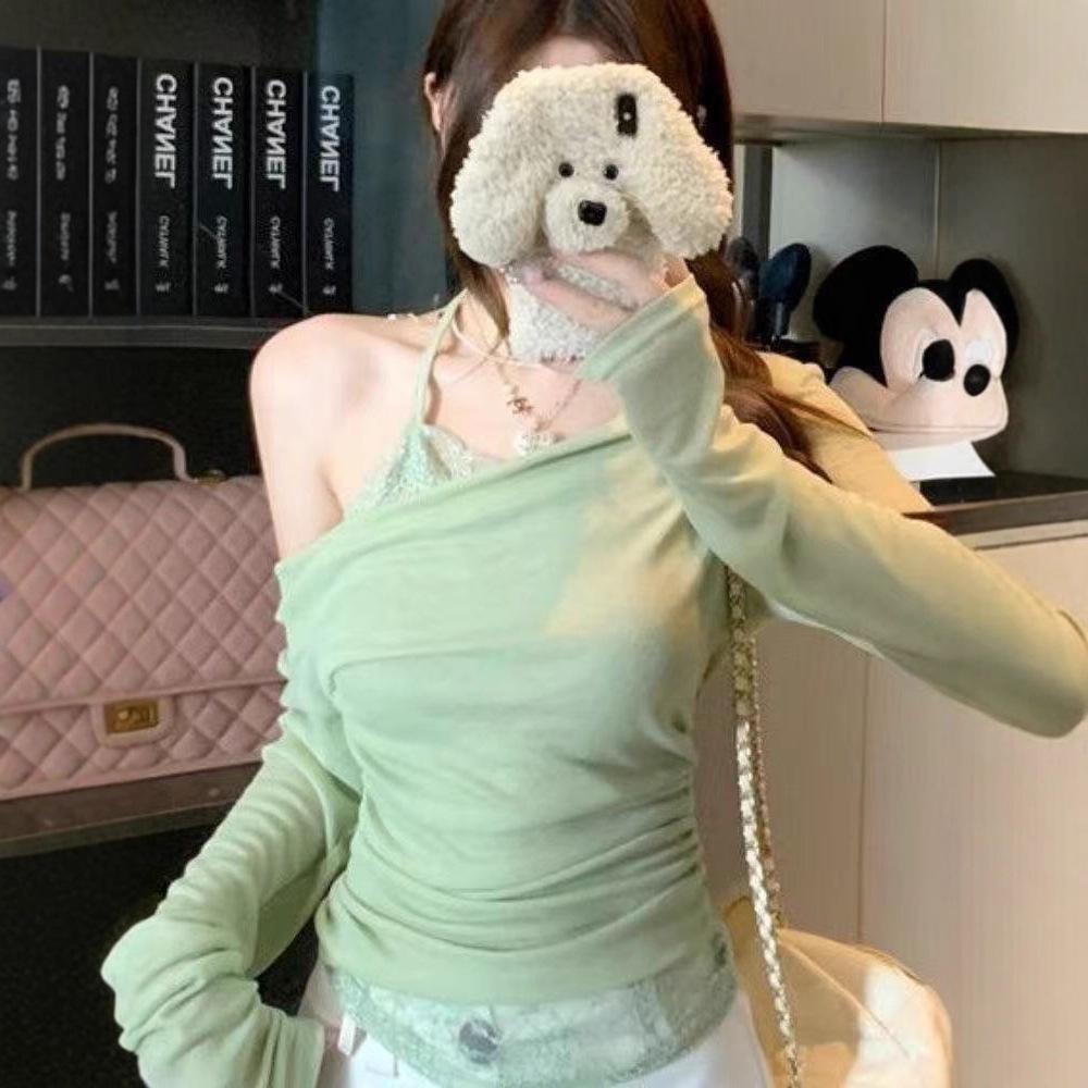 

[Original cloth cotton 260g] Fake two pieces slanted shoulder swing collar long sleeve T women s lace neck bottoming shirt spicy top XL зелений