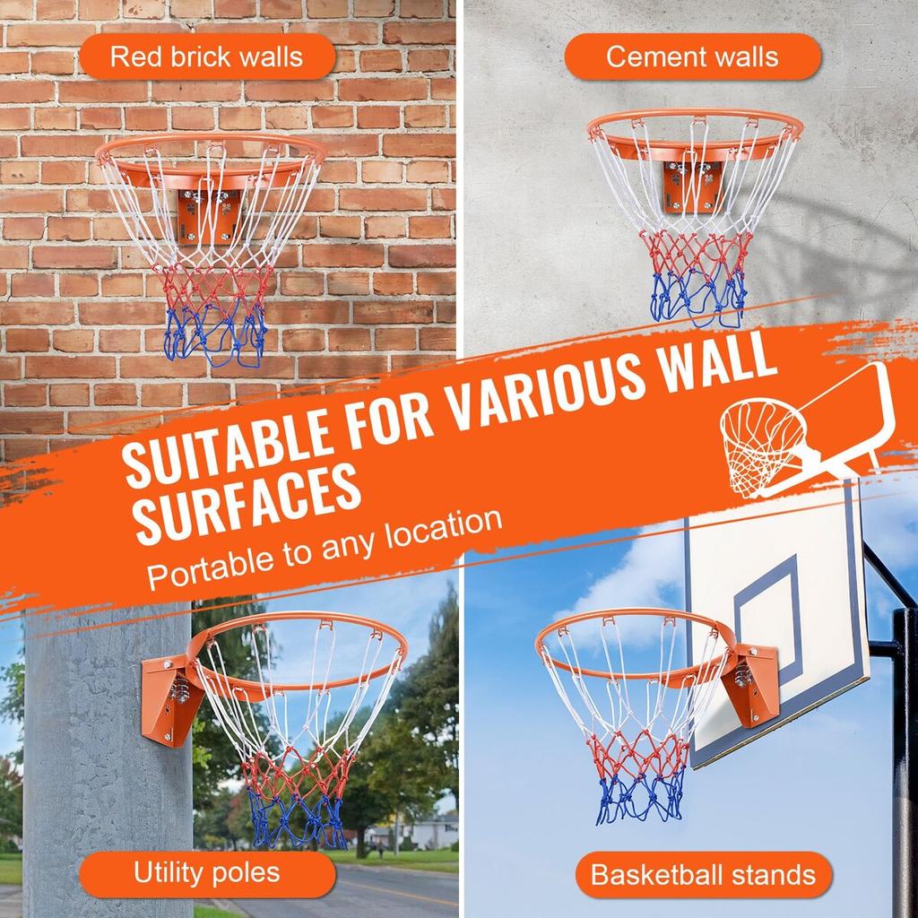 Basketball Rim, Wall Door Mounted Basketball Hoop, Heavy Duty Q235 Basketball Flex Rim Goal Replacement with Net, Standard 18" Indoor and Outdoor