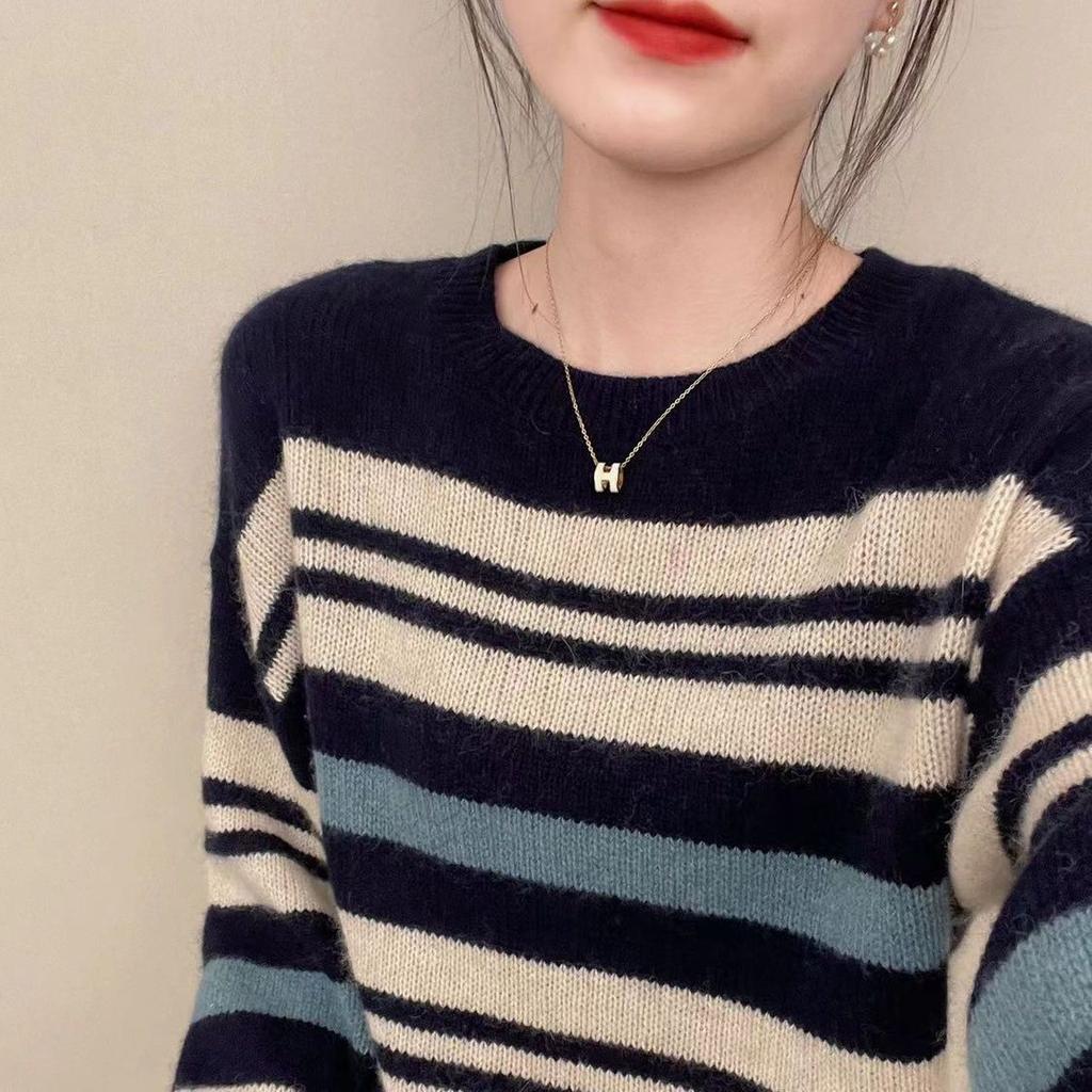Koreanischer Herbst Neue Pullover Damen O-Ausschnitt Gestreift Kontrastfarbe Mode Lässig Locker Langarm Stricktops