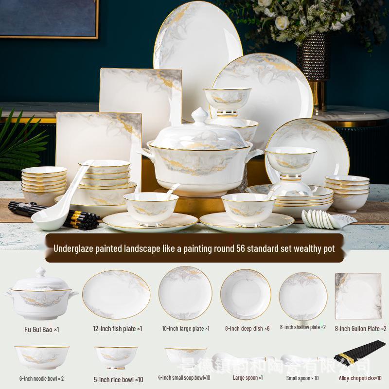 2024 New Luxury Glazed Ceramic Bowl and Plate Set with Chopsticks – High-Temperature Housewarming Gift