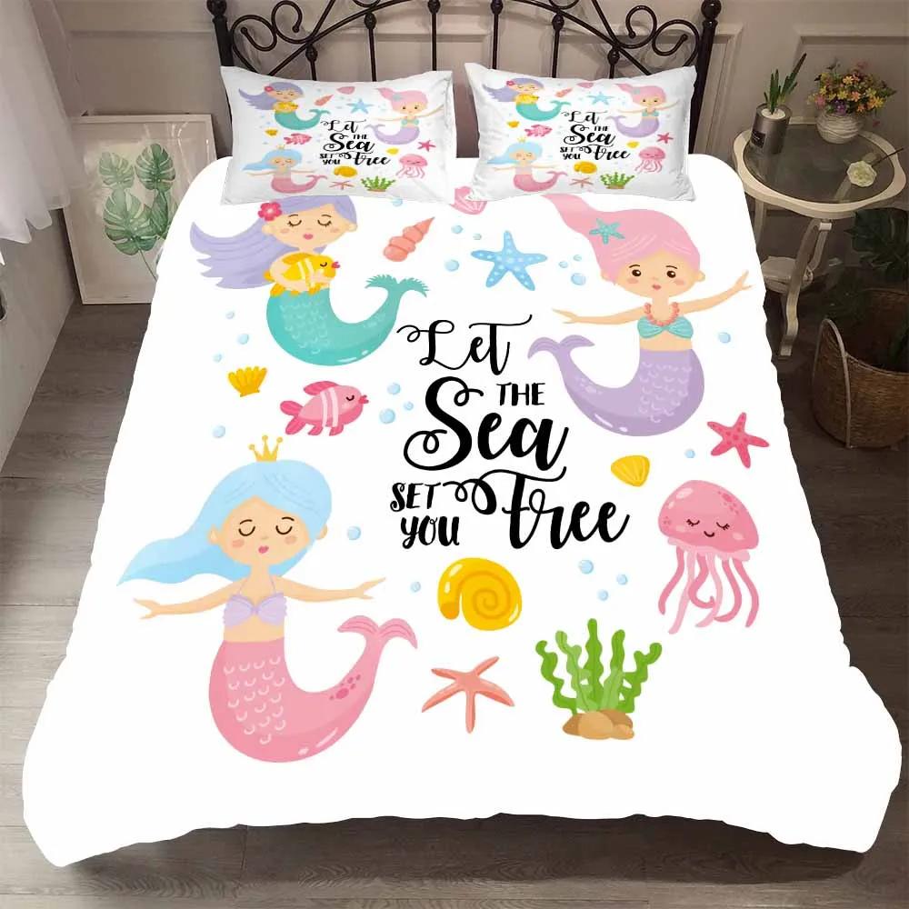 Print Jellyfish,Unicorn 2/3pc Single Kids Black Cartoon Bedding Set Duvet Set With Pillowcases Mermaid Princess BedSet Twin Size
