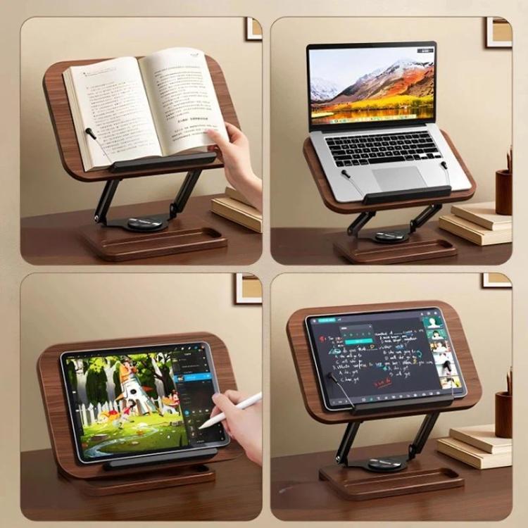 Wood 360-degree Rotating Adjustable Reading Stand with Hidden Spring Clip and Storage Groove