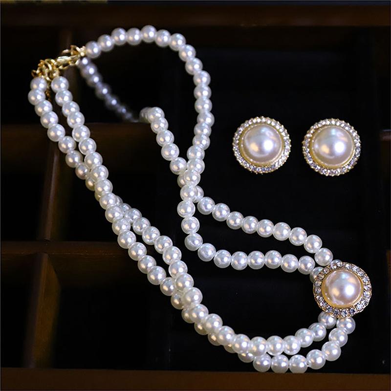 Elegant Vintage Pearl Necklace Earring Set Women Party Wedding Daily Decoration Jewelry